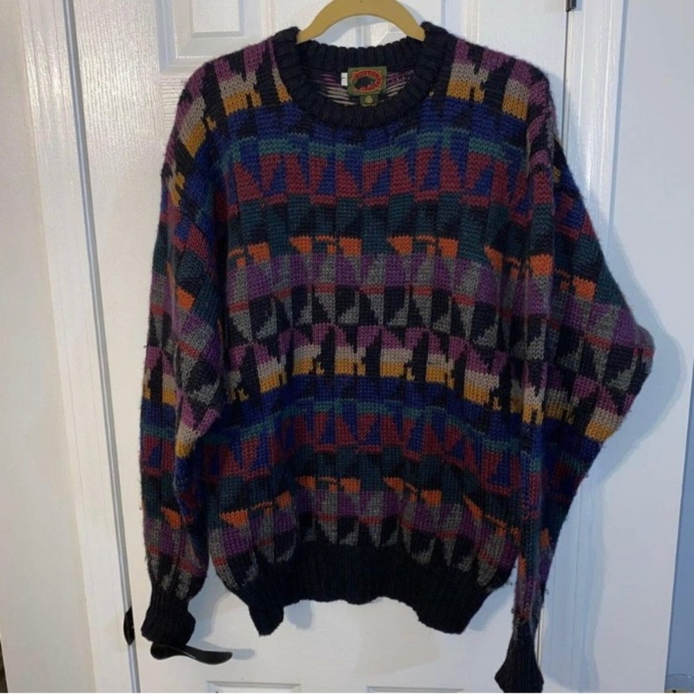 80s 90s grandpa style sweater acrylic coogi style geometric pattern multi color